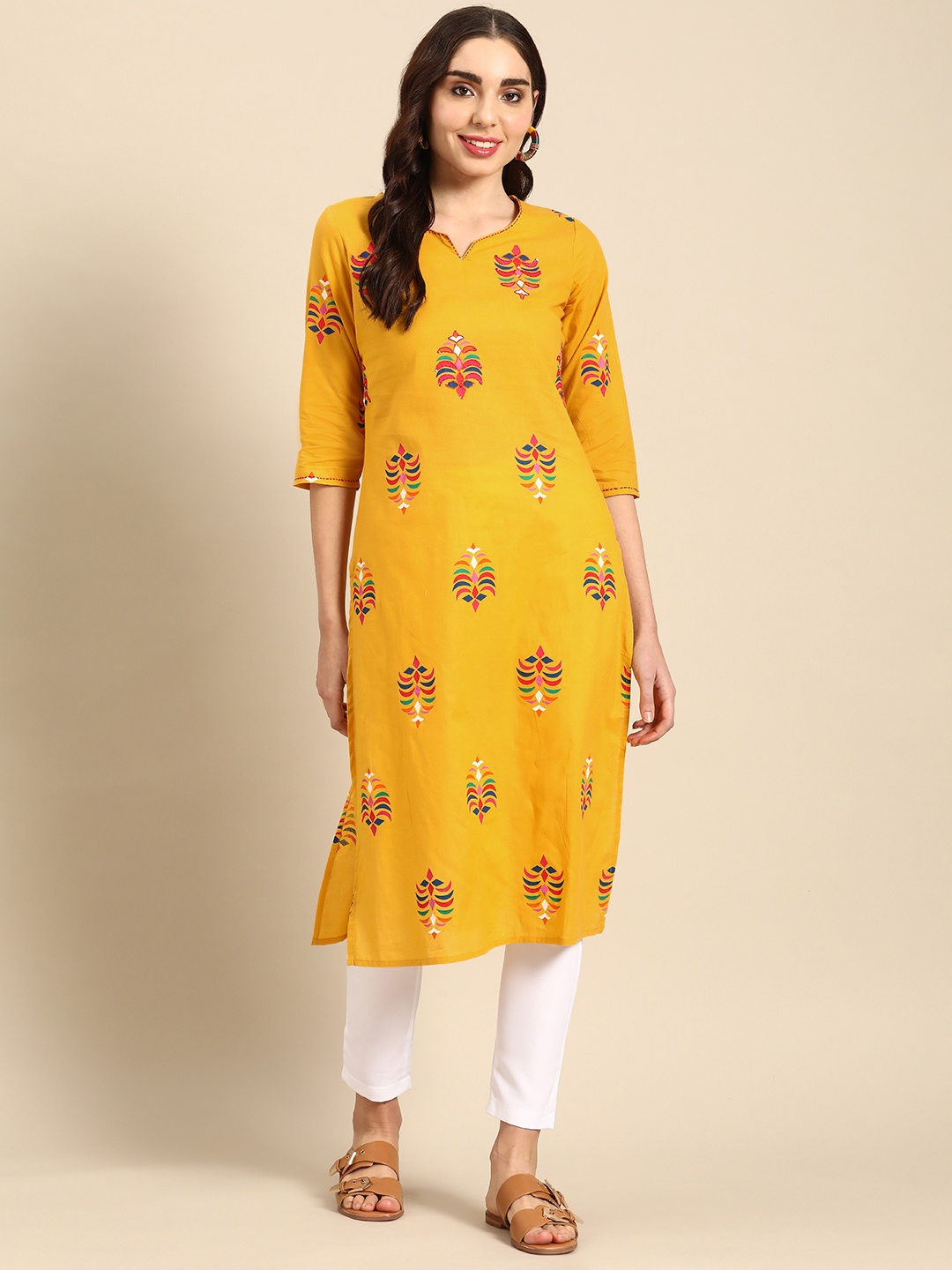 

Sangria Women Floral Printed Kantha Work Kurta, Mustard