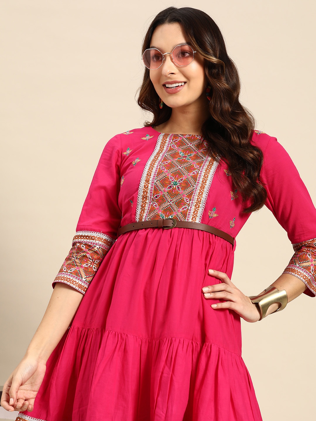 

Sangria Ethnic Motifs Embroidered Ethnic Dress With Belt, Pink