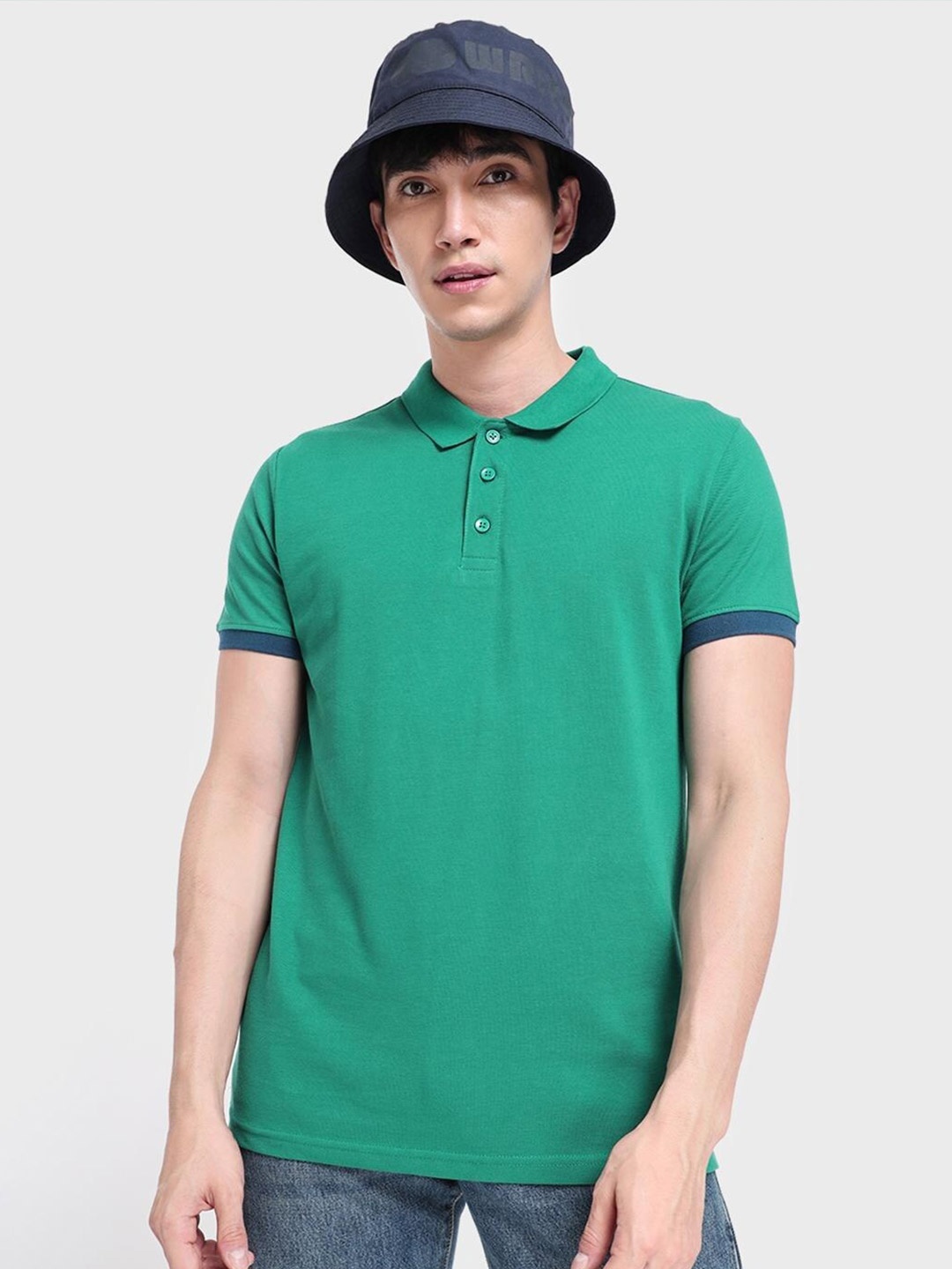 

Bewakoof Men Polo Collar Cotton T-shirt, Green
