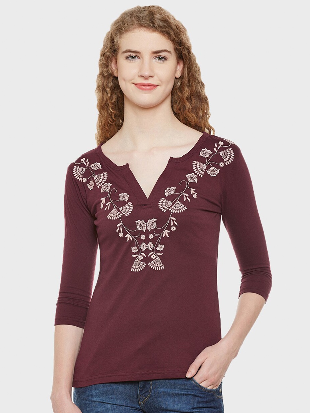 

Hypernation Women Floral Printed V-Neck Slim Fit Cotton T-shirt, Maroon
