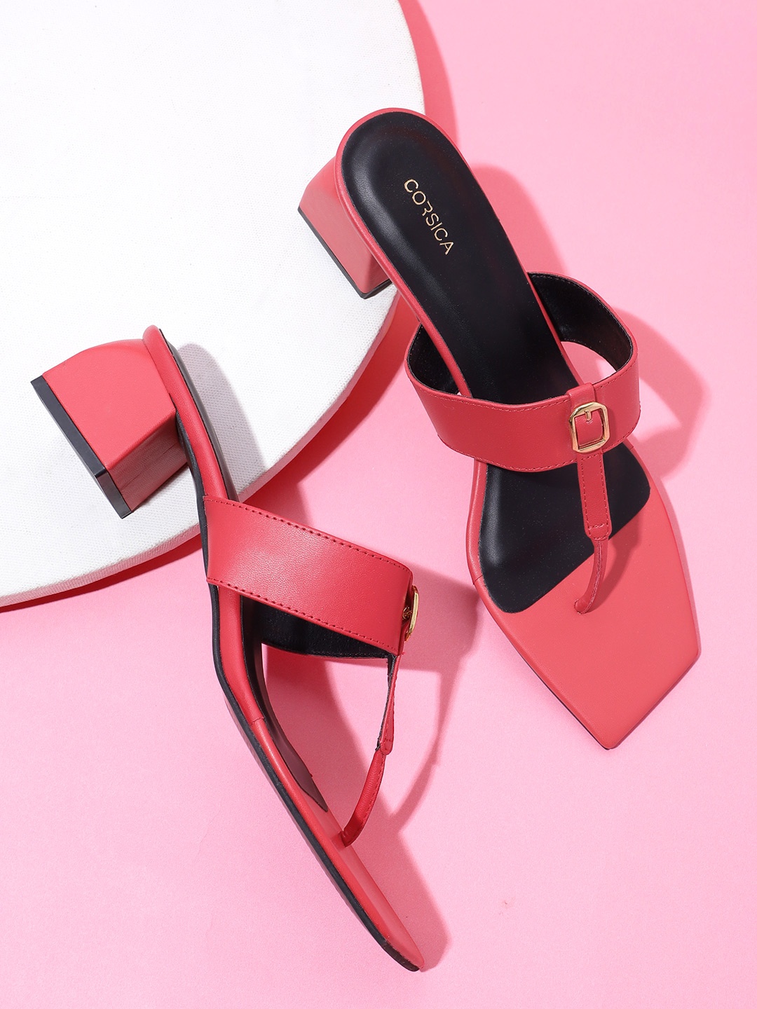 CORSICA Women T-strap Block Heels with Buckle Detail, Red