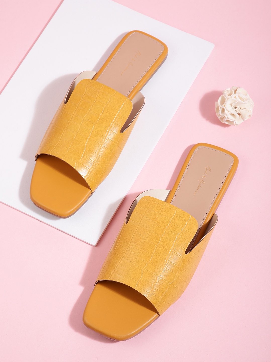 

Mast & Harbour Women Textured Open Toe Flats, Mustard