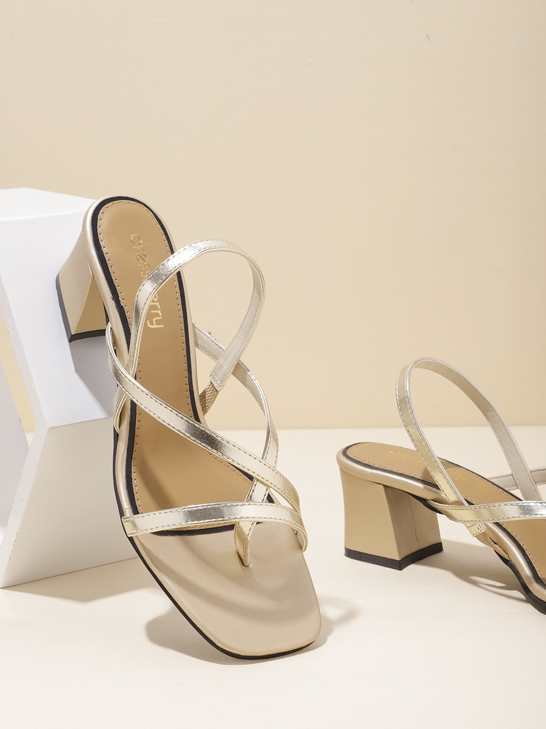 

DressBerry Women Strappy Block Heels, Gold