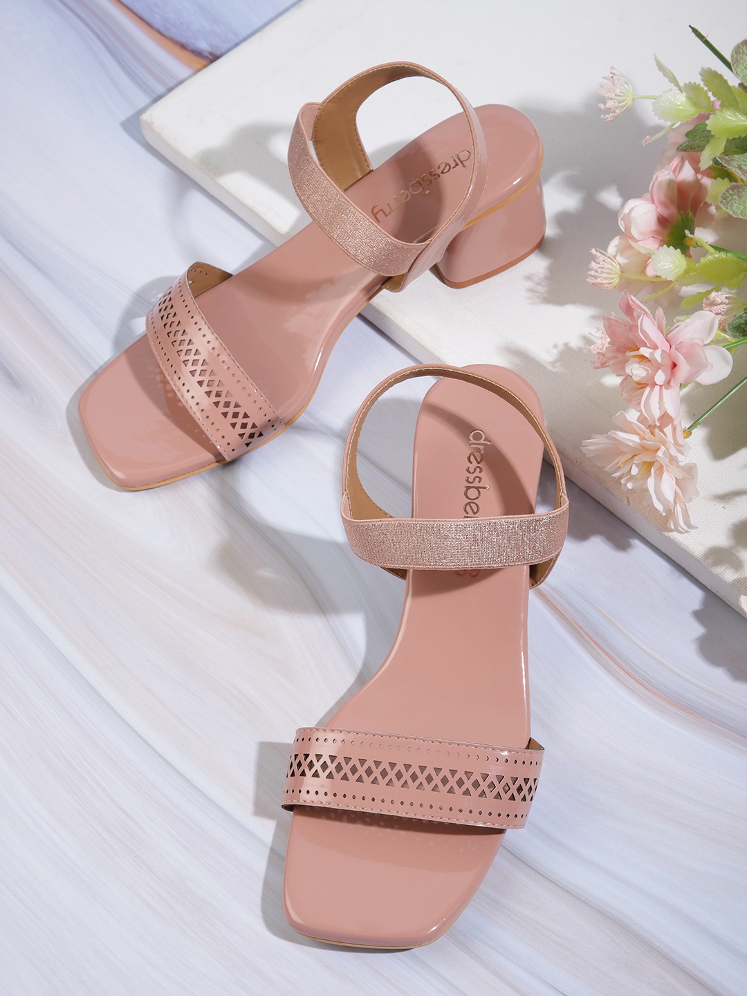 

DressBerry Textured Block Open Toe Black Heels, Rose