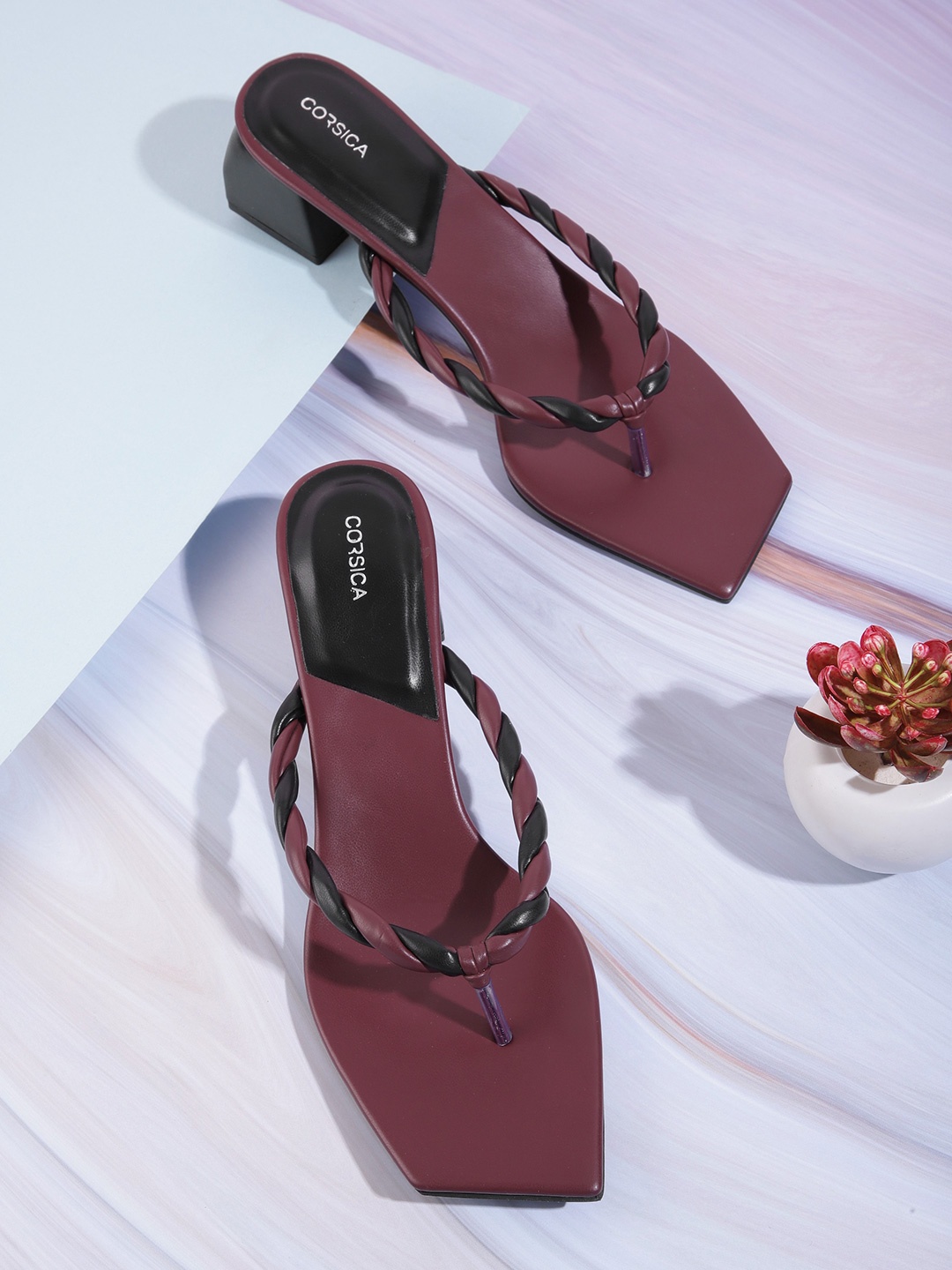 CORSICA Women Braided & Colourblocked Block Sandals, Burgundy