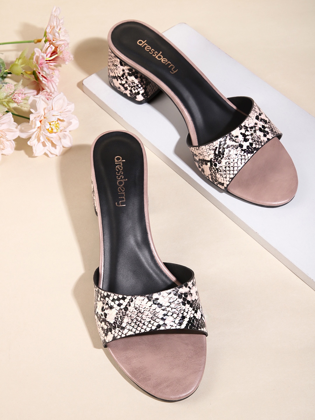 

DressBerry Women Snakeskin Textured Block Heels, Rose