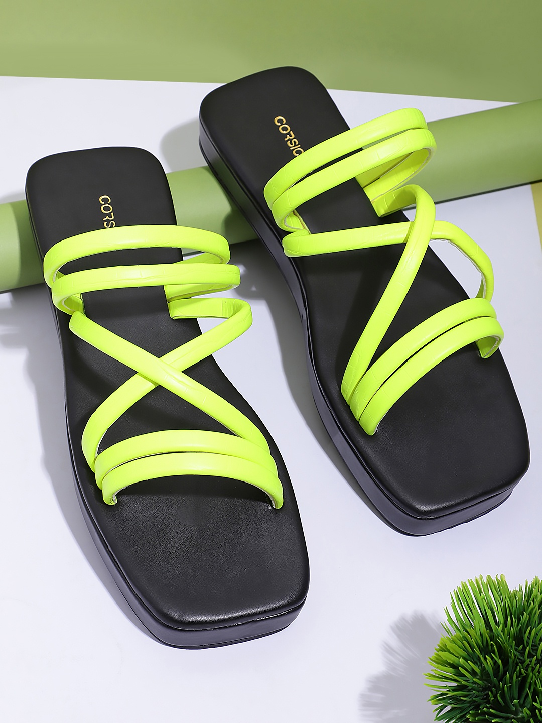 

CORSICA Women Strappy Open Toe Flats, Fluorescent green