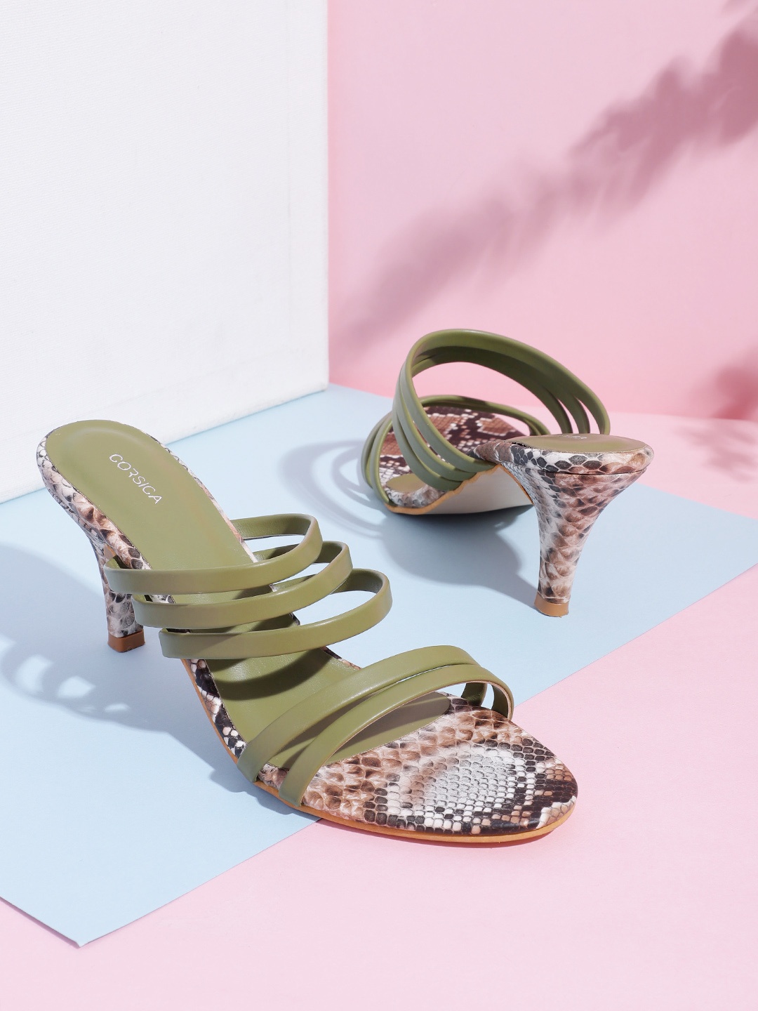 

CORSICA Women Snakeskin Printed Striped Slim Heels, Olive