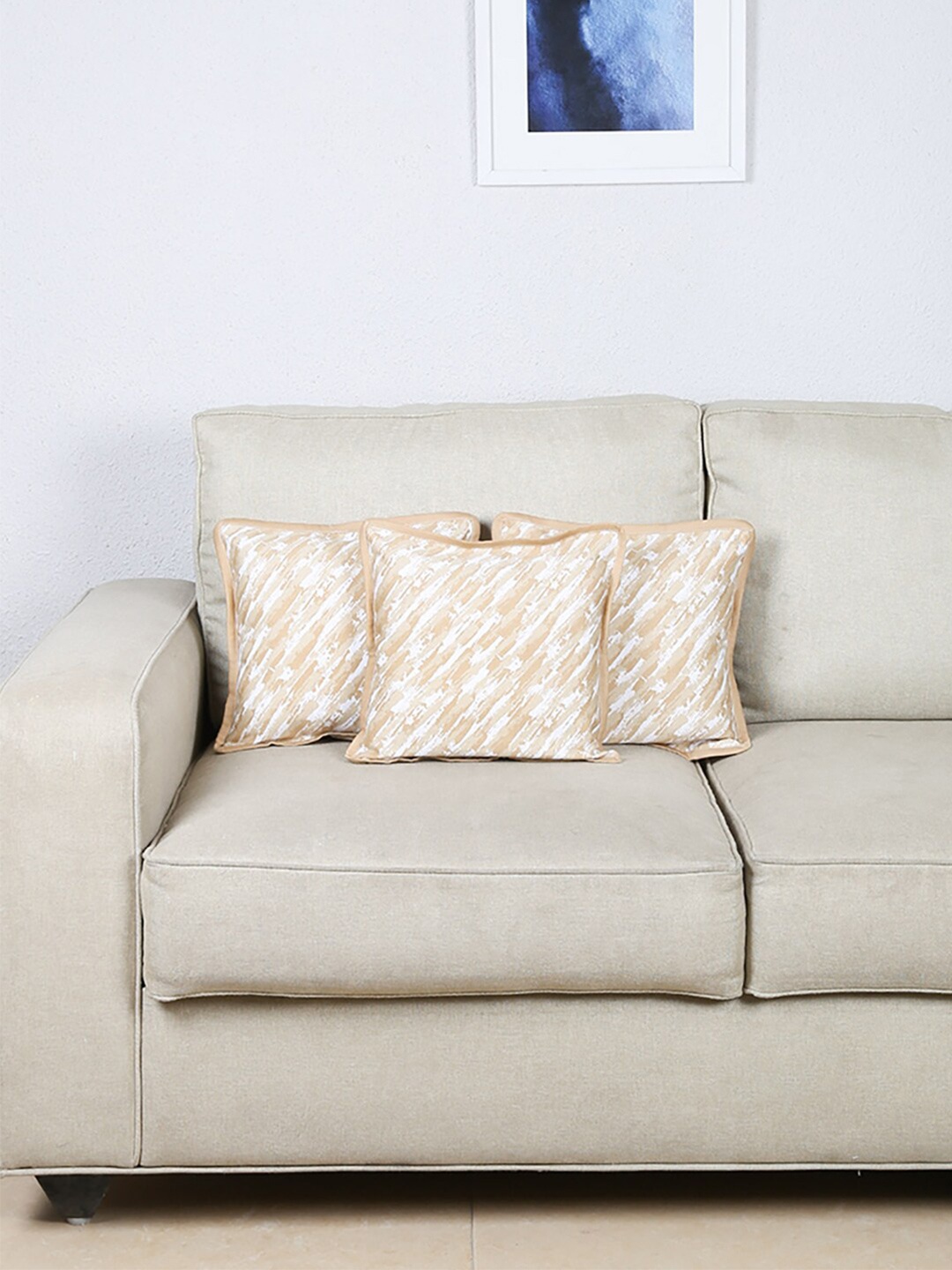 

House This Tulika Beige & White Set of 3 Abstract Square Cotton Cushion Covers
