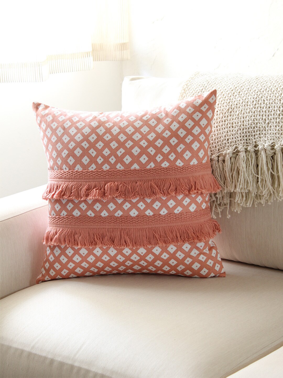 

House This Leheriya Pink & White Geometric Square Cotton Cushion Covers