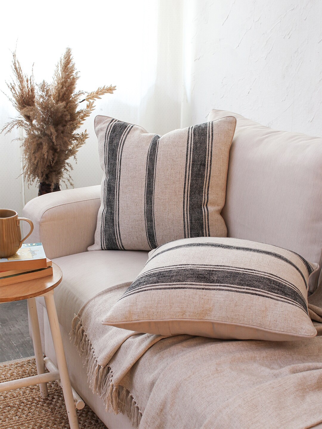

House This Satpura Black & Cream-Coloured Set of 2 Striped Square Cushion Covers