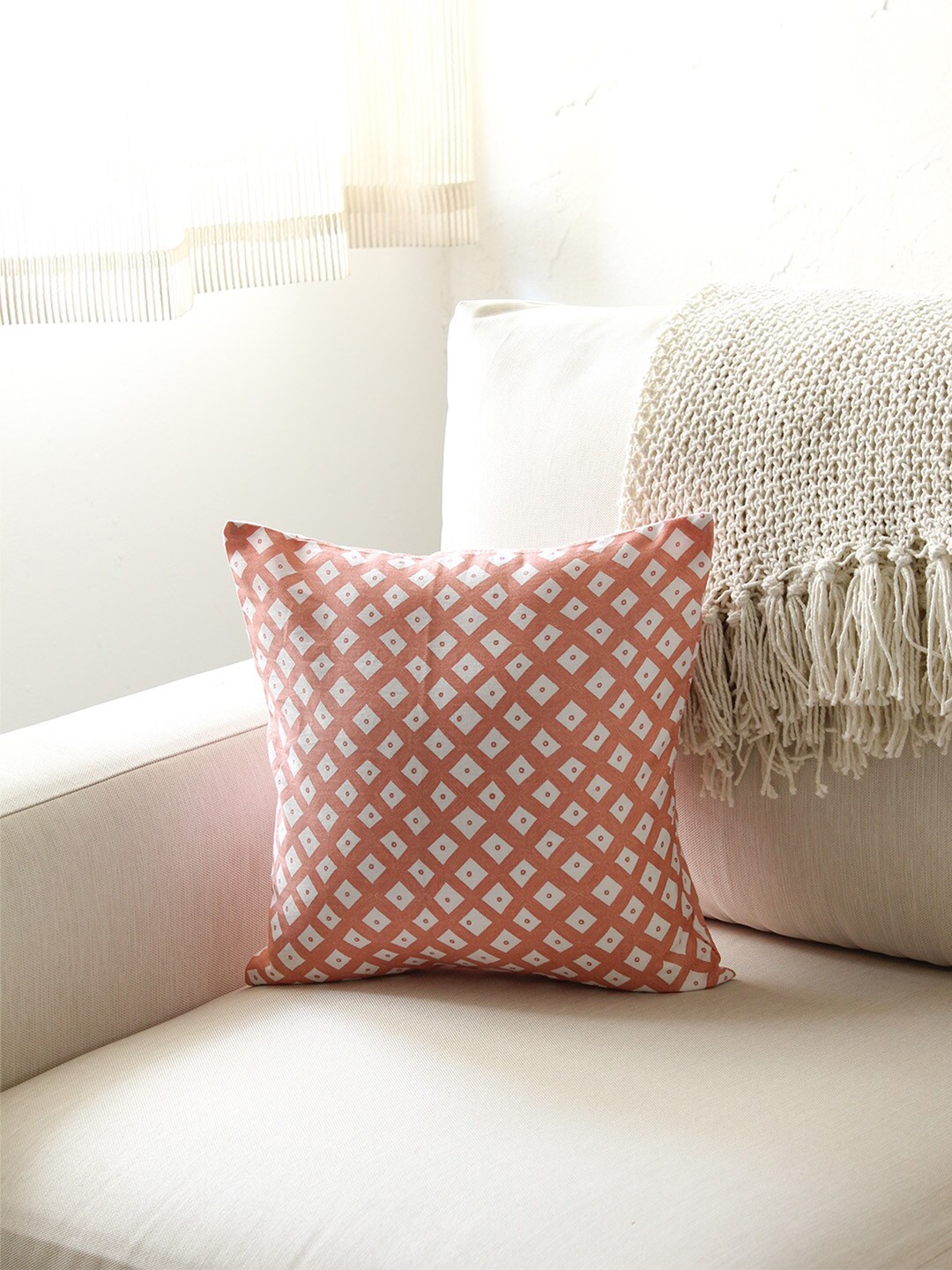 

House This Leheriya Pink & White Geometric Square Cotton Cushion Cover