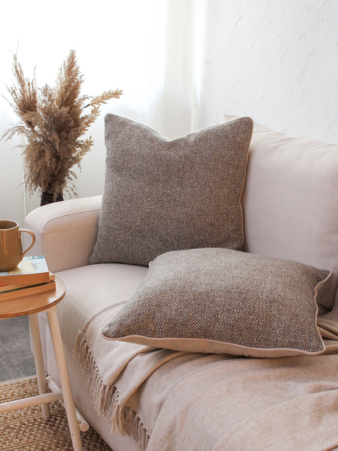 

House This Purvanchal Gold-Toned & Grey Set of 2 Square Cushion Covers