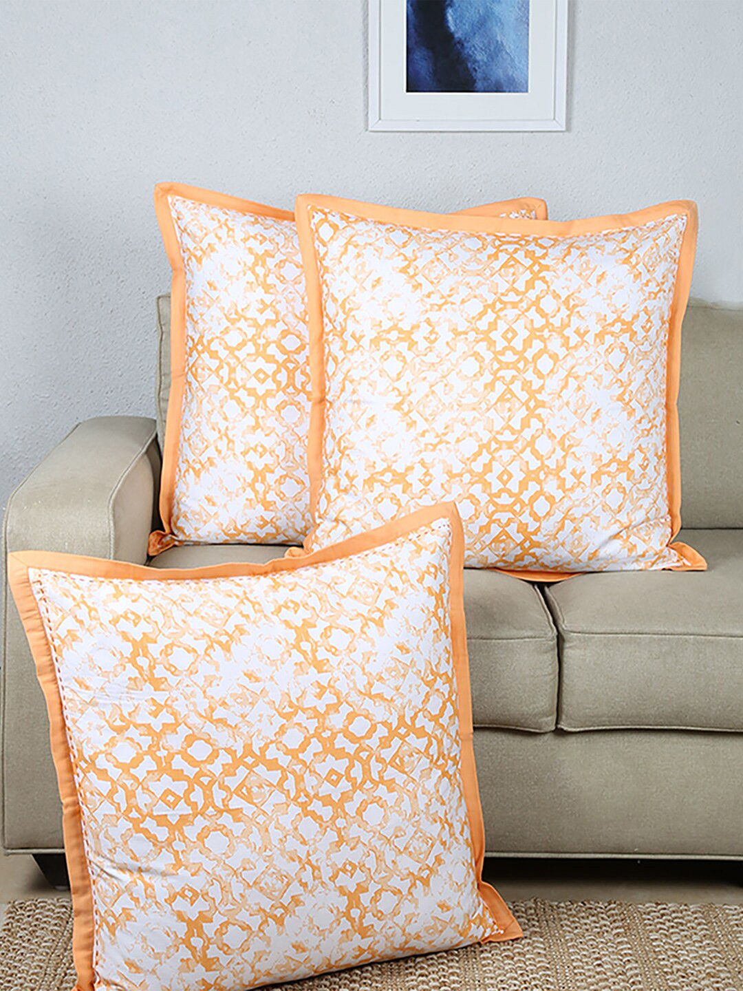 

House This Jaali Orange & White Set of 3 Abstract Square Cotton Cushion Covers