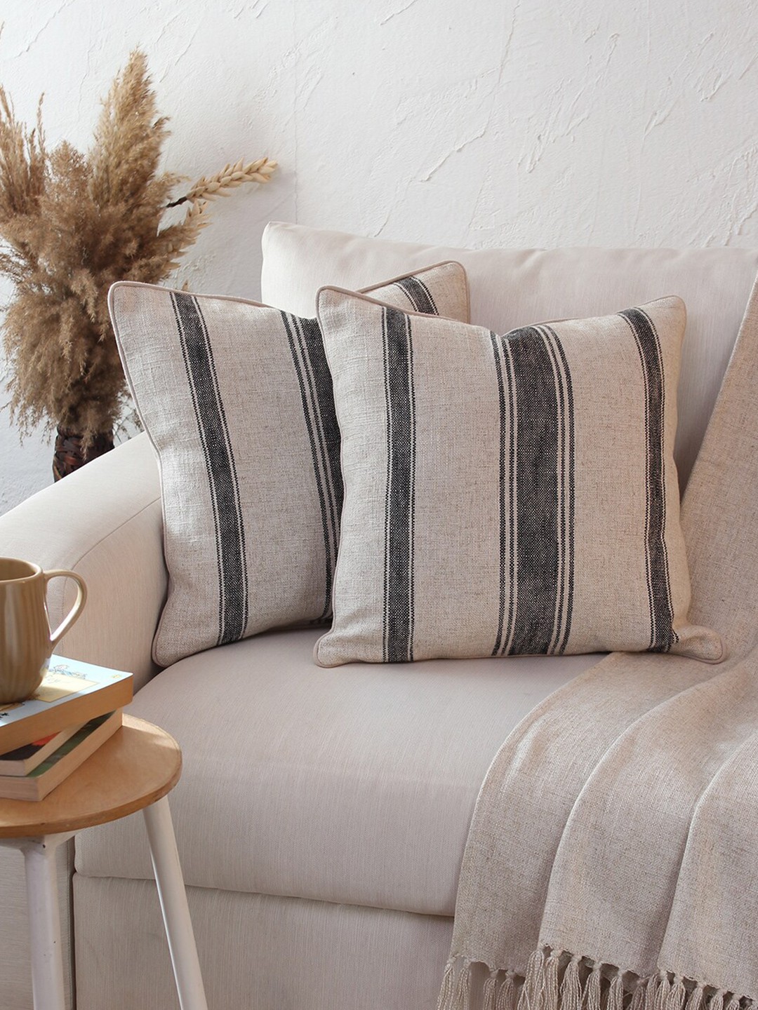 

House This Satpura Off White & Black Set of 2 Striped Square Cushion Covers
