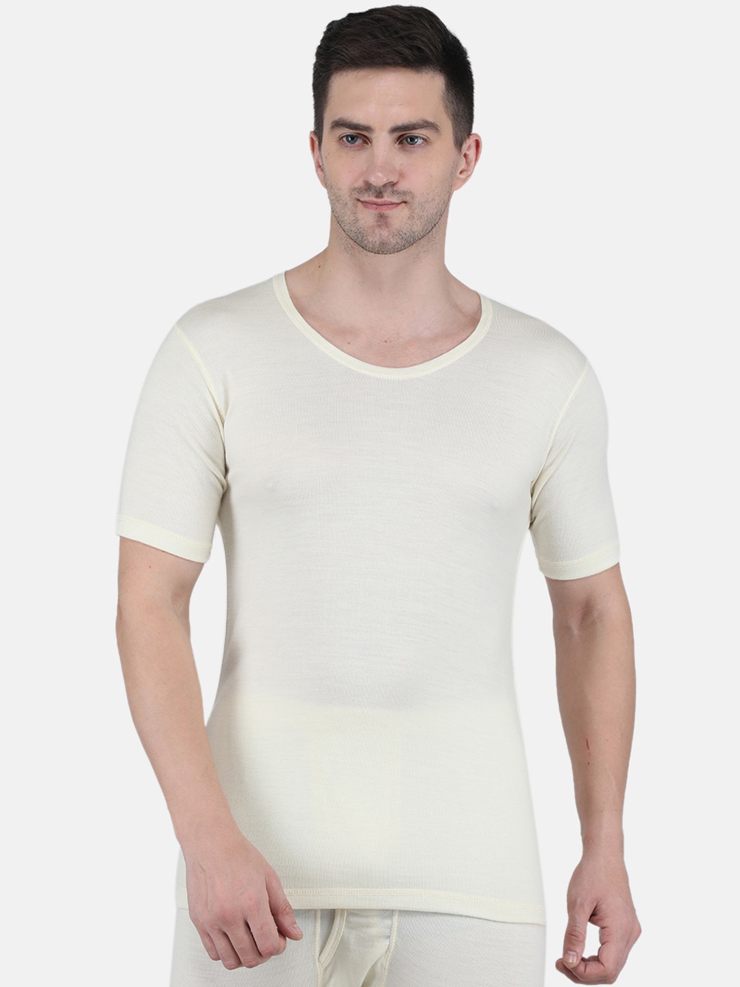 

Monte Carlo Men Pure Woolen Round Neck Thermal Top, Cream