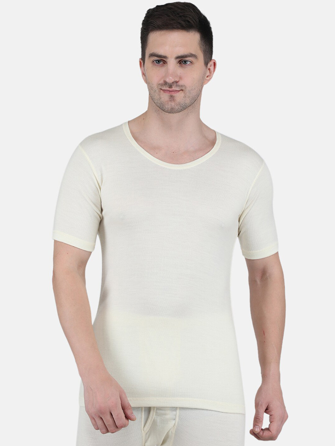 

Monte Carlo Mens Pure Wool Short Sleeves Thermal Top, Cream
