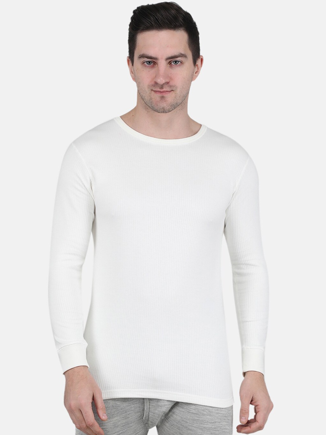 

Monte Carlo Men Self-Striped Knitted Cotton Thermal Tops, Off white