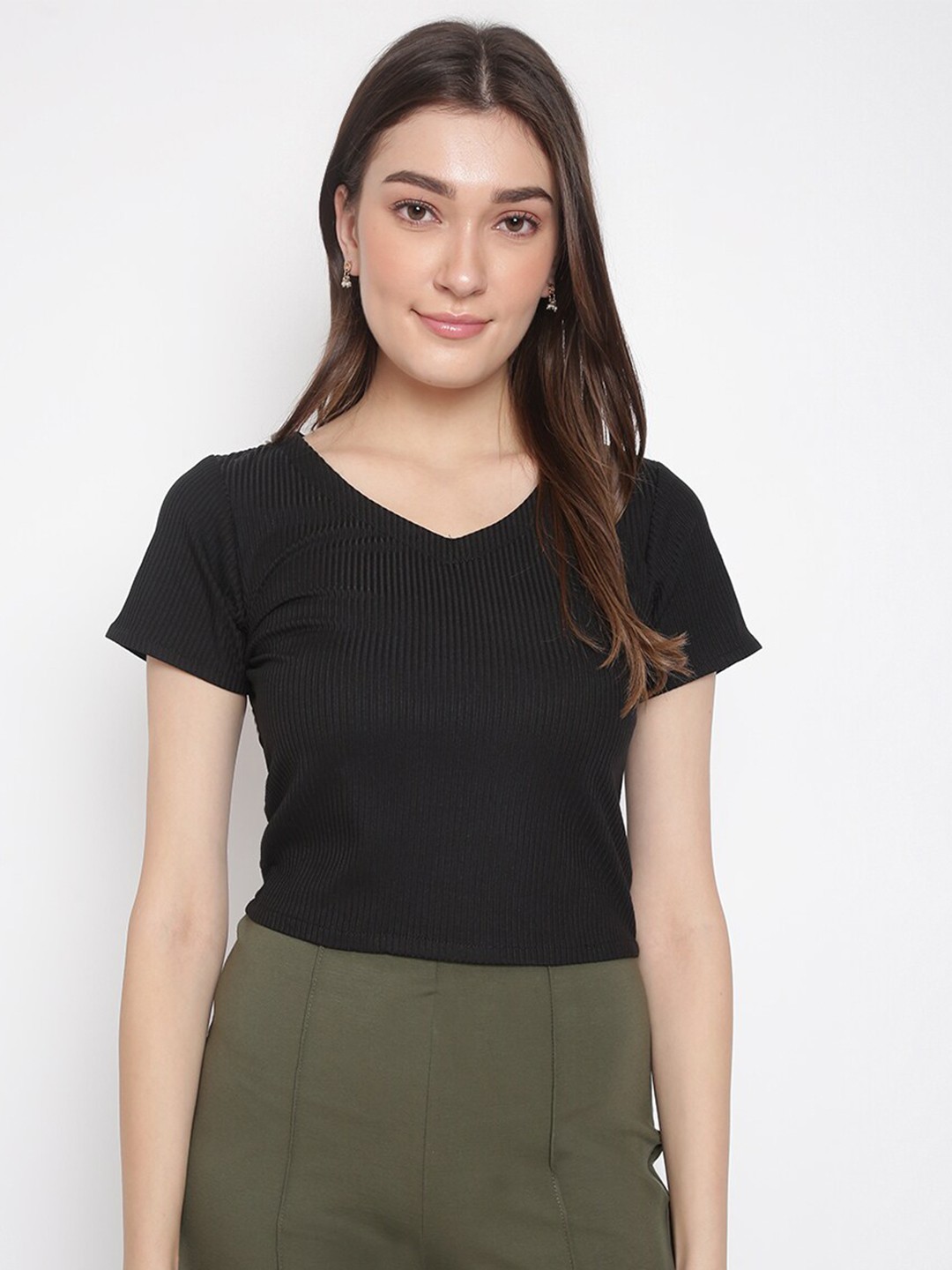 

DUDITI Women V-Neck Slim Fit Cotton T-shirt, Black