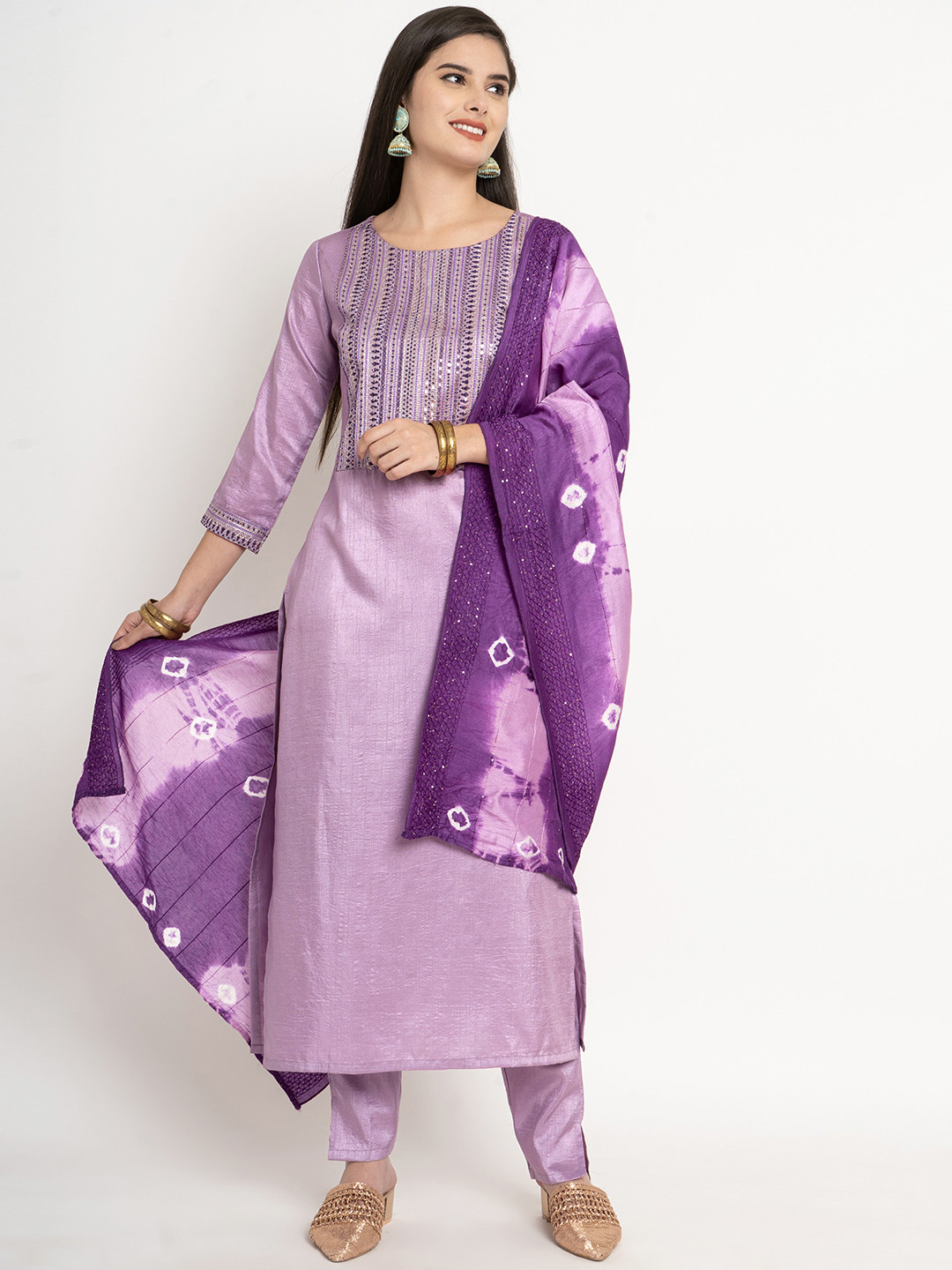 

J Turritopsis Embroidered Sequinned Silk Georgette Kurta with Trousers & With Dupatta, Lavender