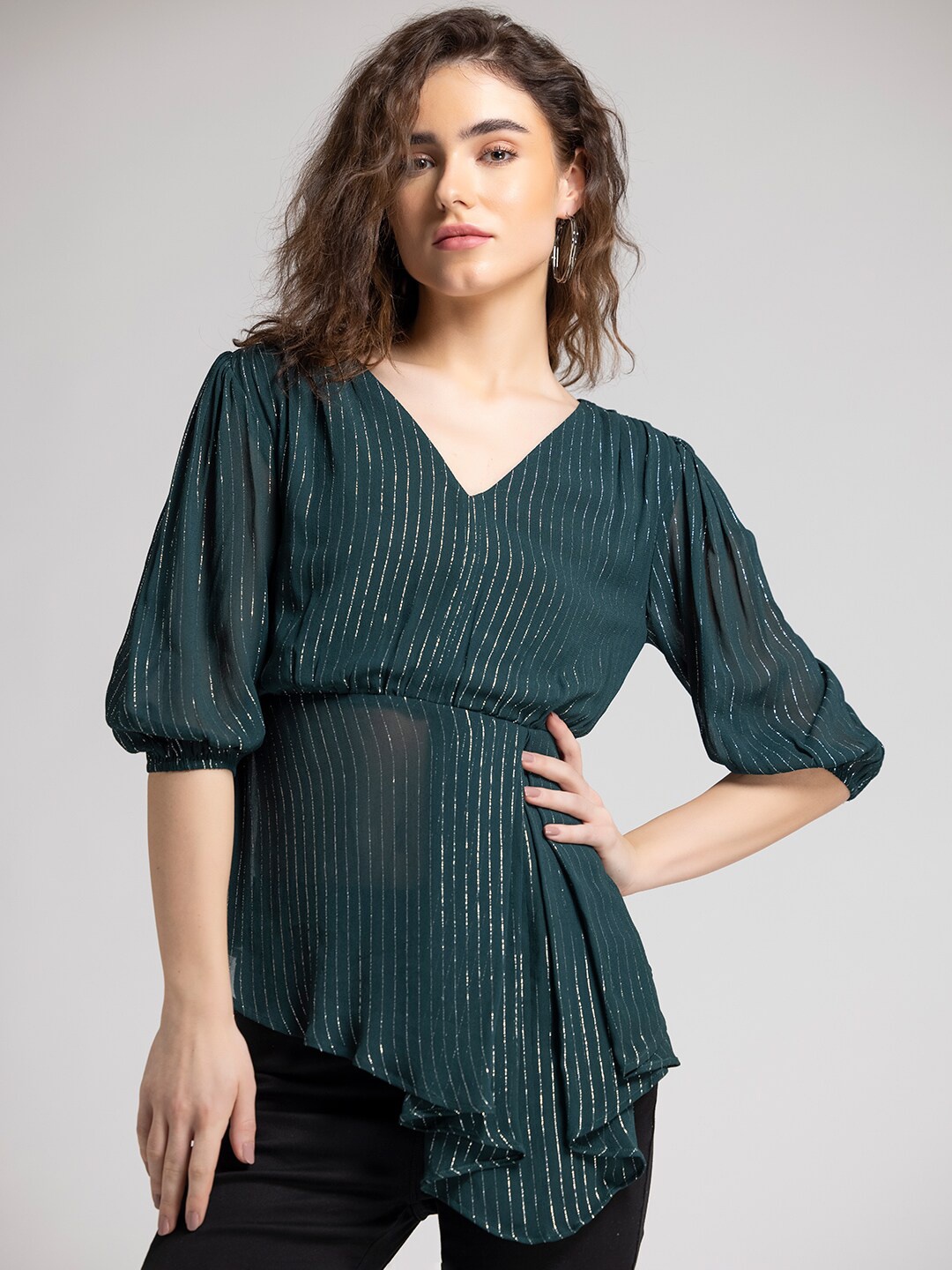 

SHAYE Striped Puff Sleeves Sheen Empire Top, Green