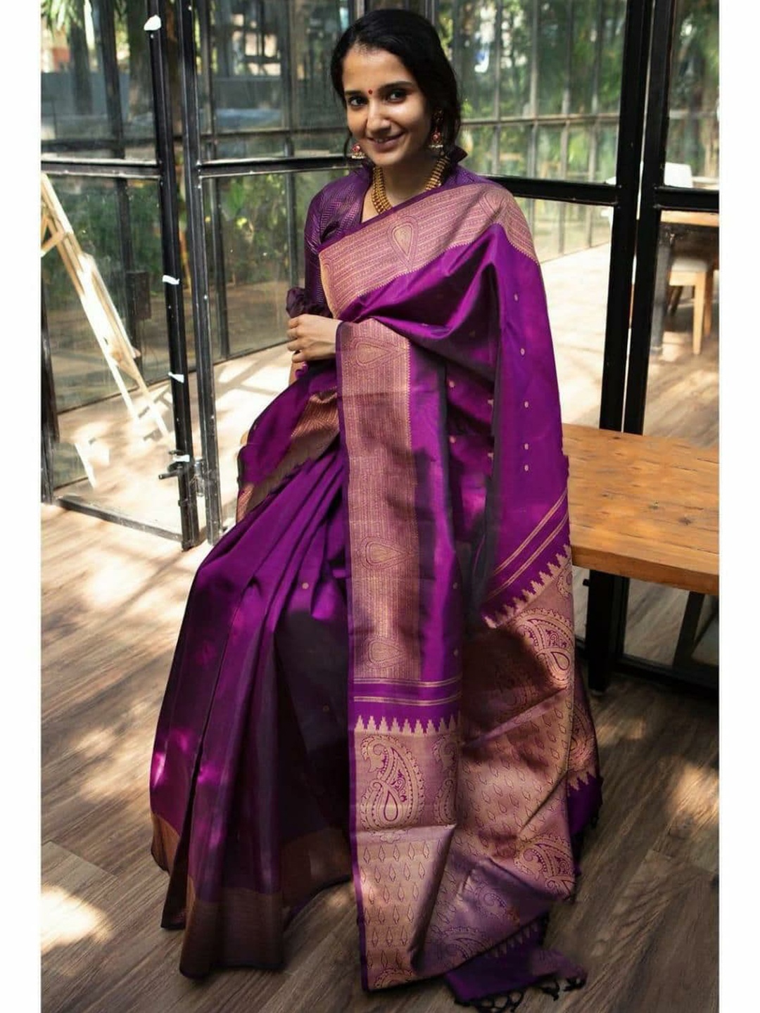 

Wuxi Ethnic Motifs Zari Pure Silk Banarasi Saree, Purple