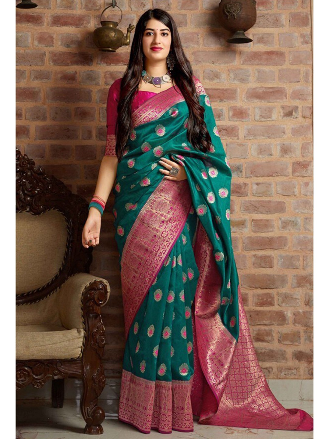 

Wuxi Woven Design Zari Pure Silk Saree, Teal