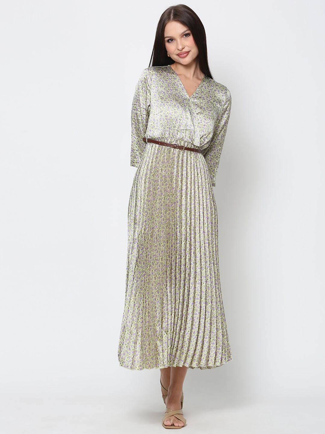 

DRIRO Striped Satin A-Line Midi Dress, Green
