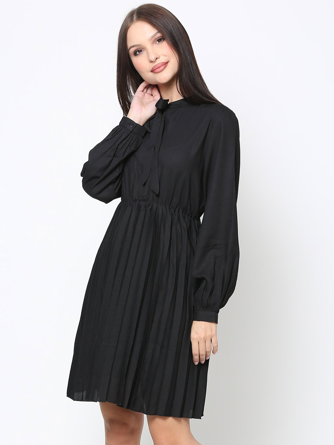 

DRIRO Cuffed Sleeves Tie-Up Detail Shirt Dress, Black
