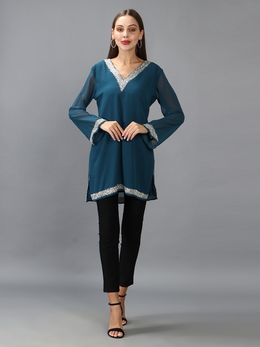 

DEBONATELLA Embellished Embroidered Georgette Longline Top, Blue