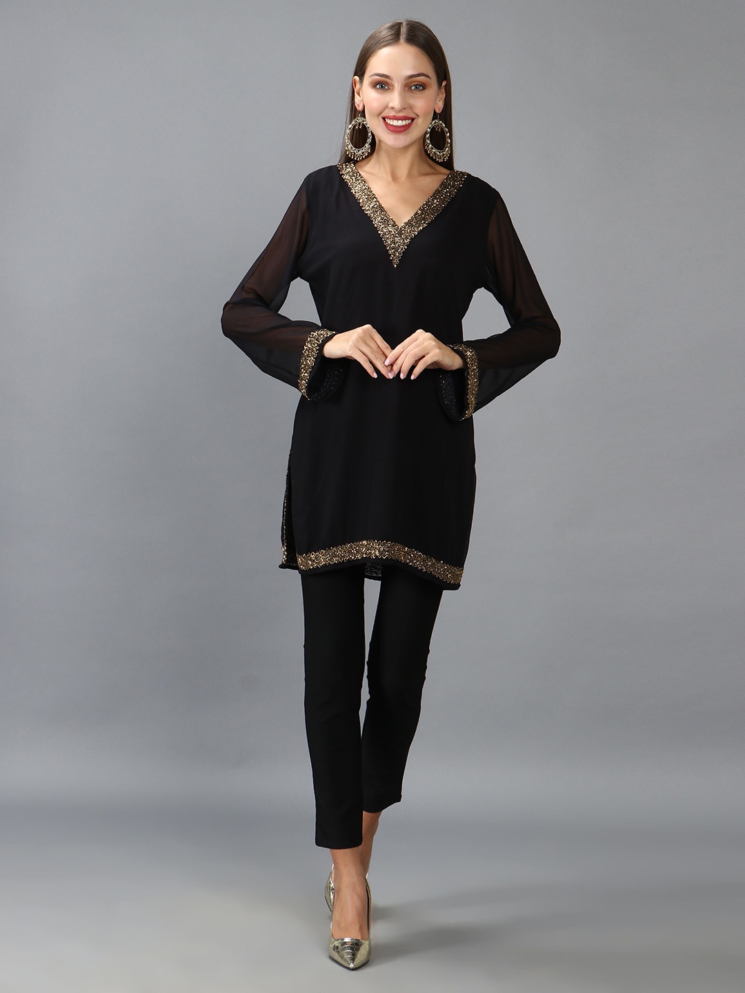 

DEBONATELLA Embroidered Georgette Longline Top, Black