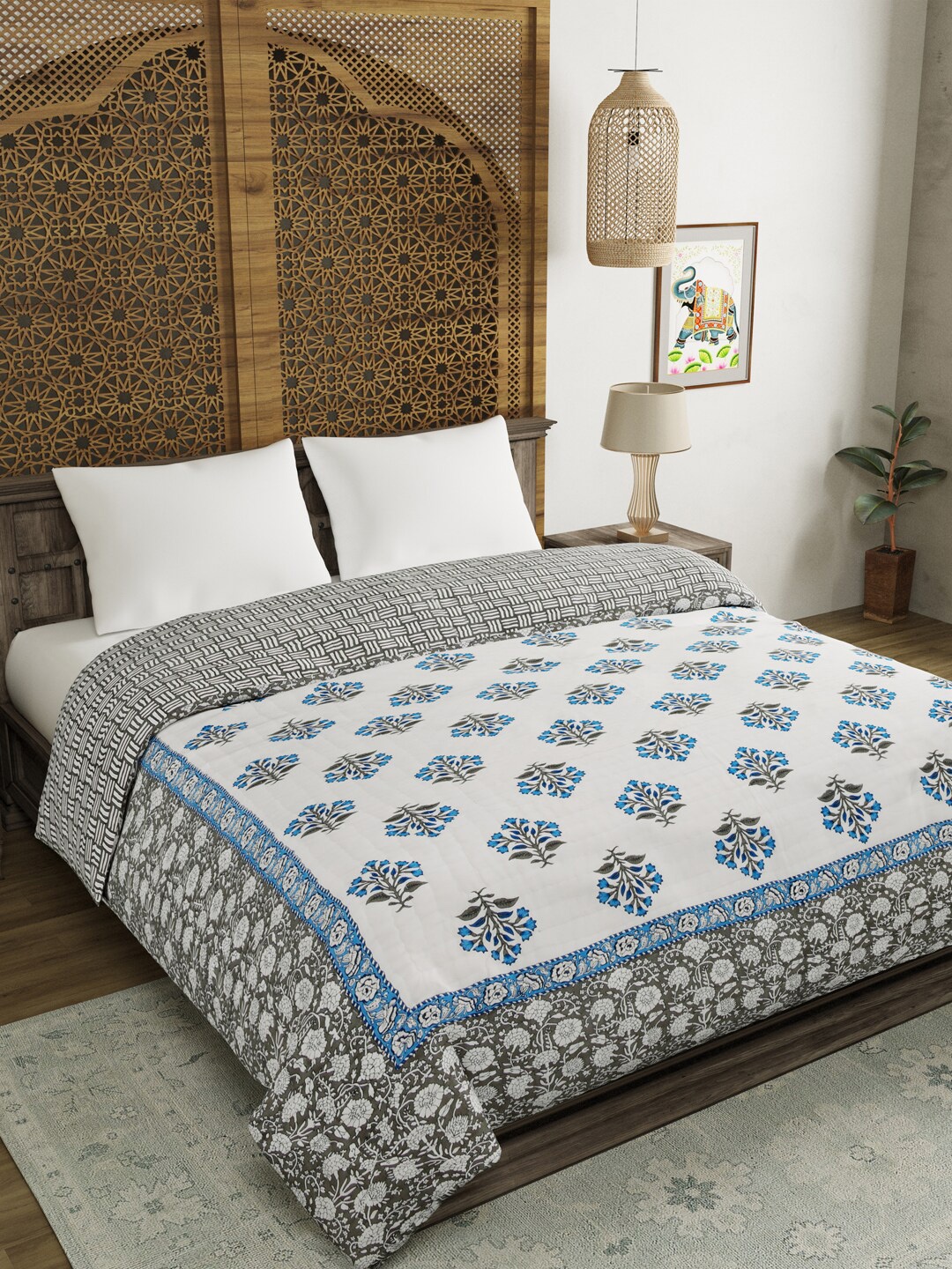 

BLOCKS OF INDIA Blue & White Ethnic Motifs Mild Winter 350 GSM Double Bed Quilt