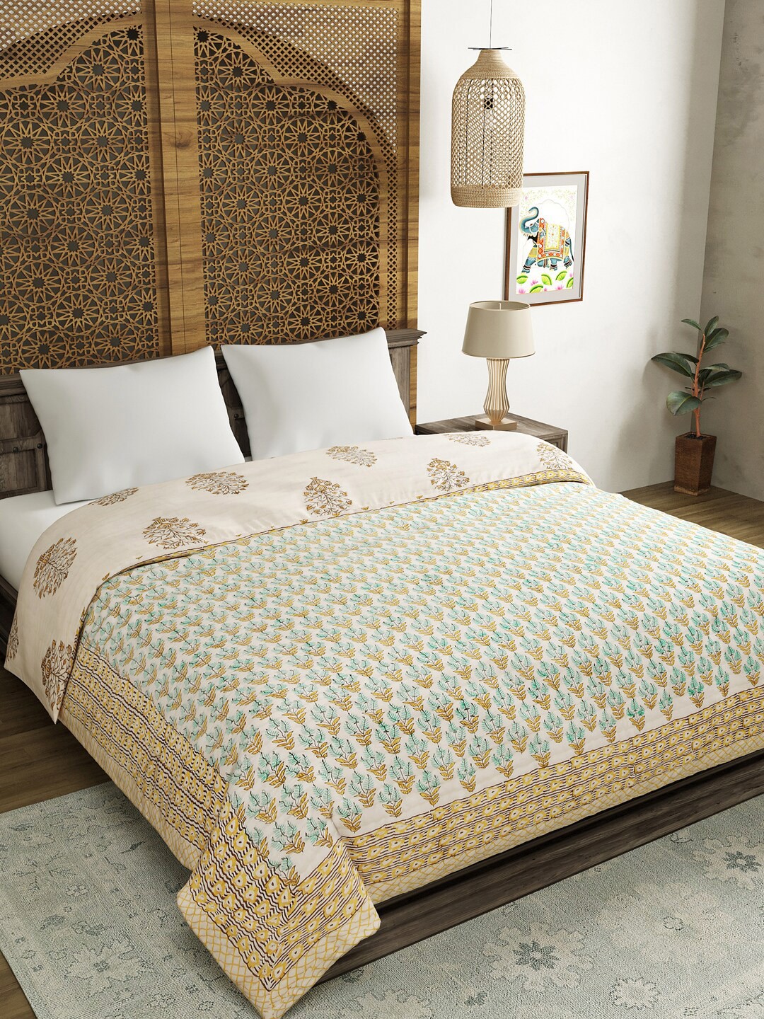 

BLOCKS OF INDIA Off White & Brown Floral Mild Winter 350 GSM Pure Cotton Double Bed Quilt