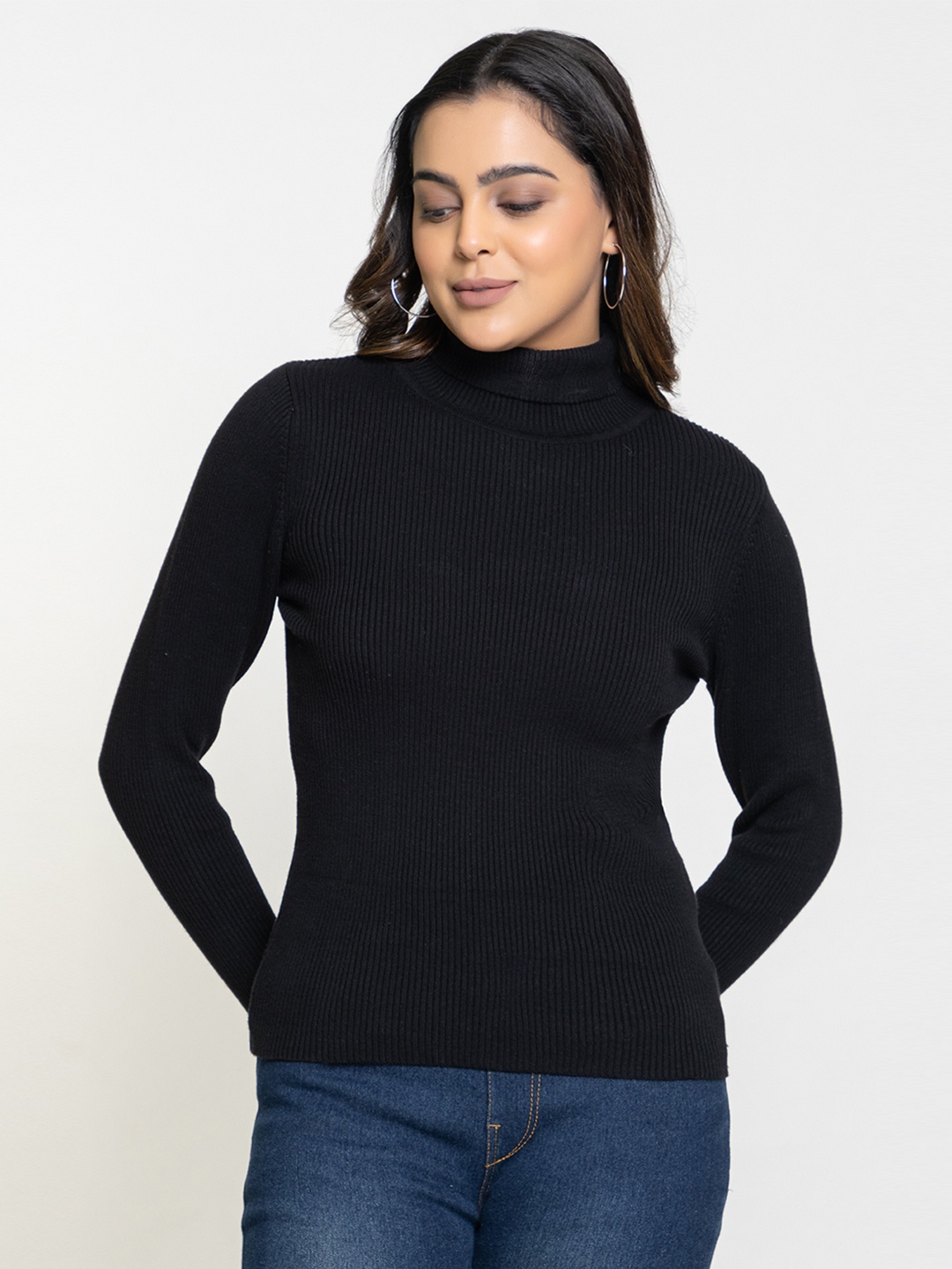 

RVK Women Ribbed Turtle Neck Cotton Pullover sweater, Black