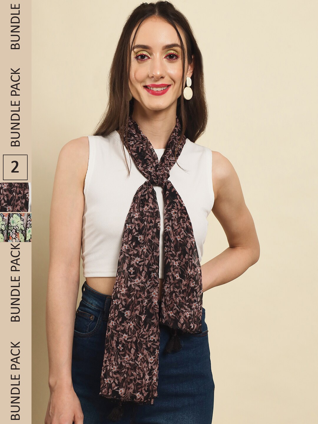 

Trend Arrest Women Pack Of 2 Printed Tasselled Scarf, Black