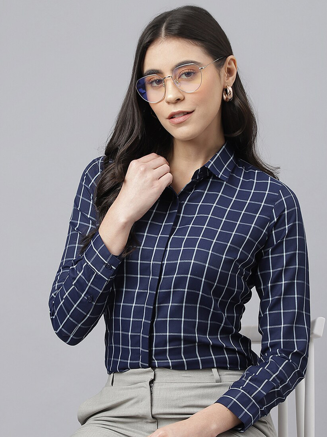 

English Navy Women Tattersall Checks Formal Shirt, Navy blue