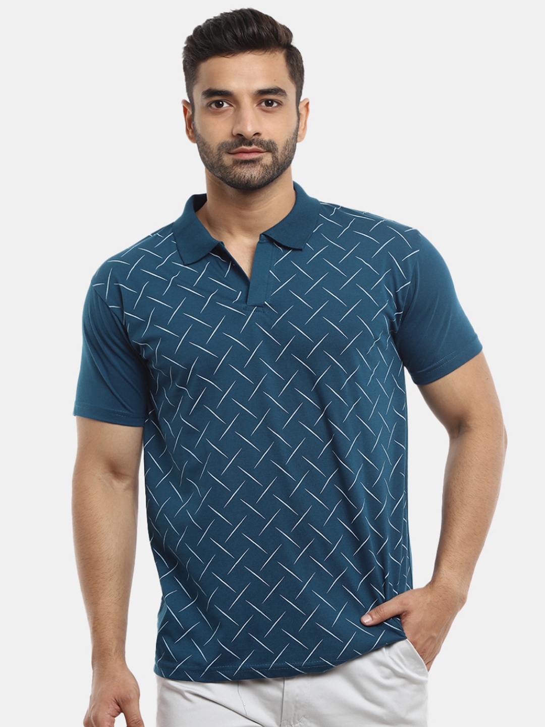 

V-Mart Men Printed Polo Collar Cotton T-shirt, Blue