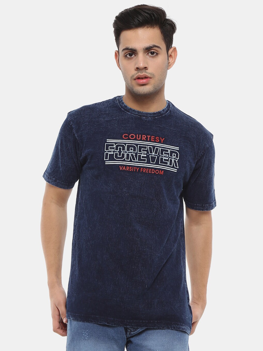 

V-Mart Men Printed Round Neck Cotton T-shirt, Navy blue