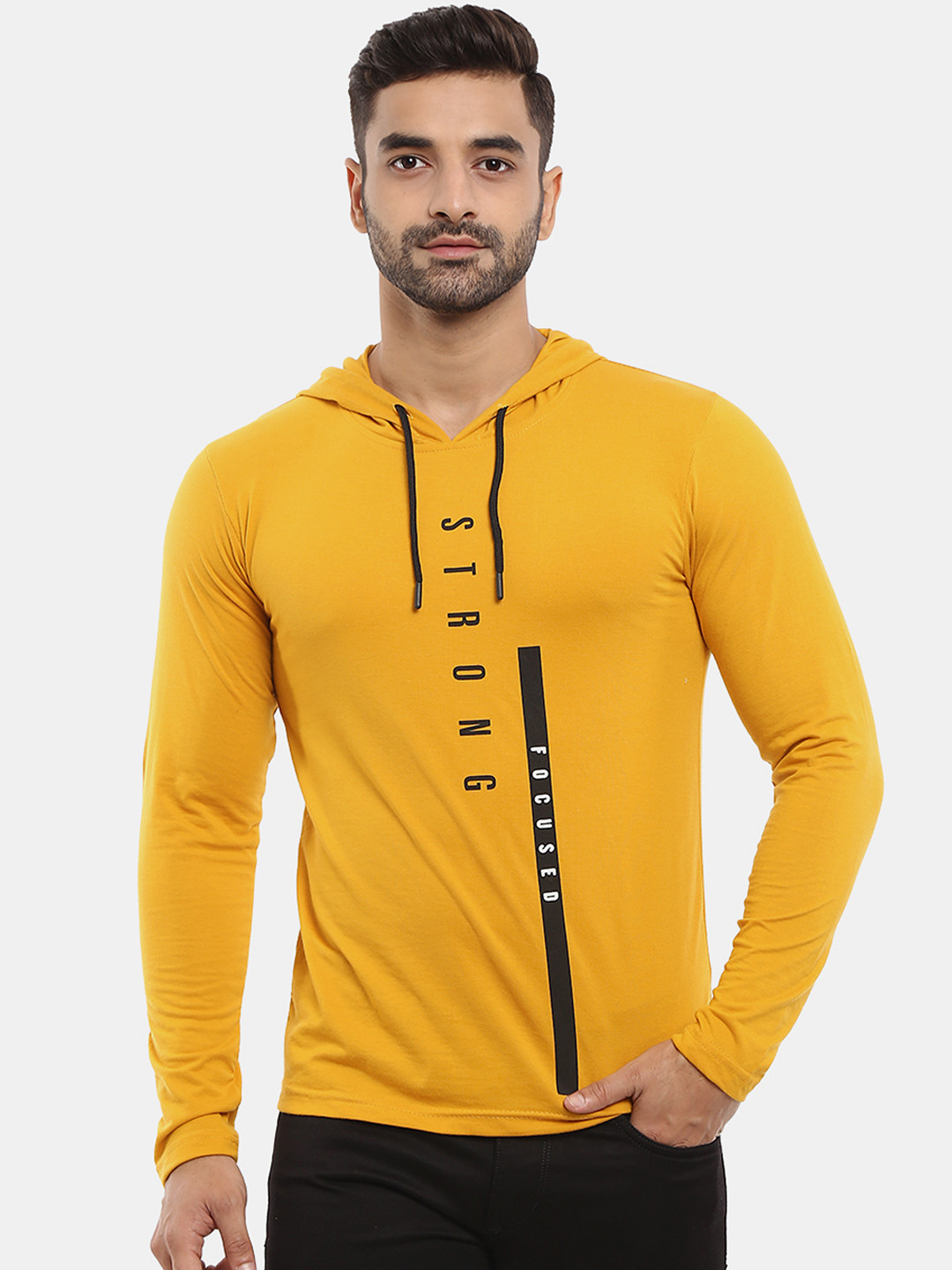 

V-Mart Men Hooded Typography Printed Slim Fit Cotton T-shirt, Mustard