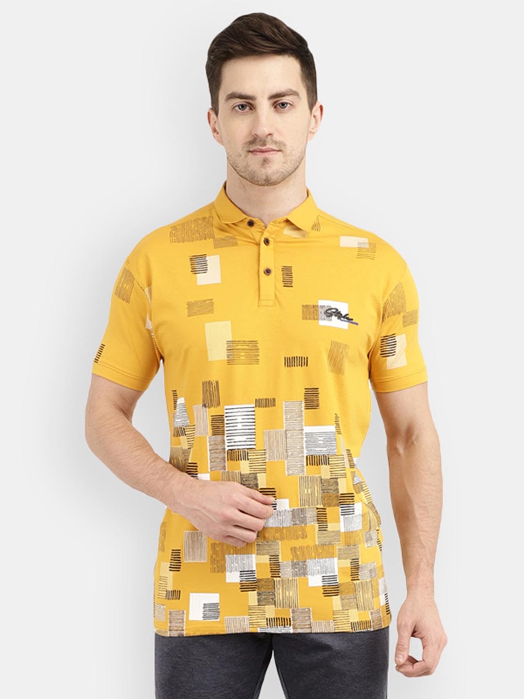 

V-Mart Men Abstract Printed Polo Collar T-shirt, Mustard
