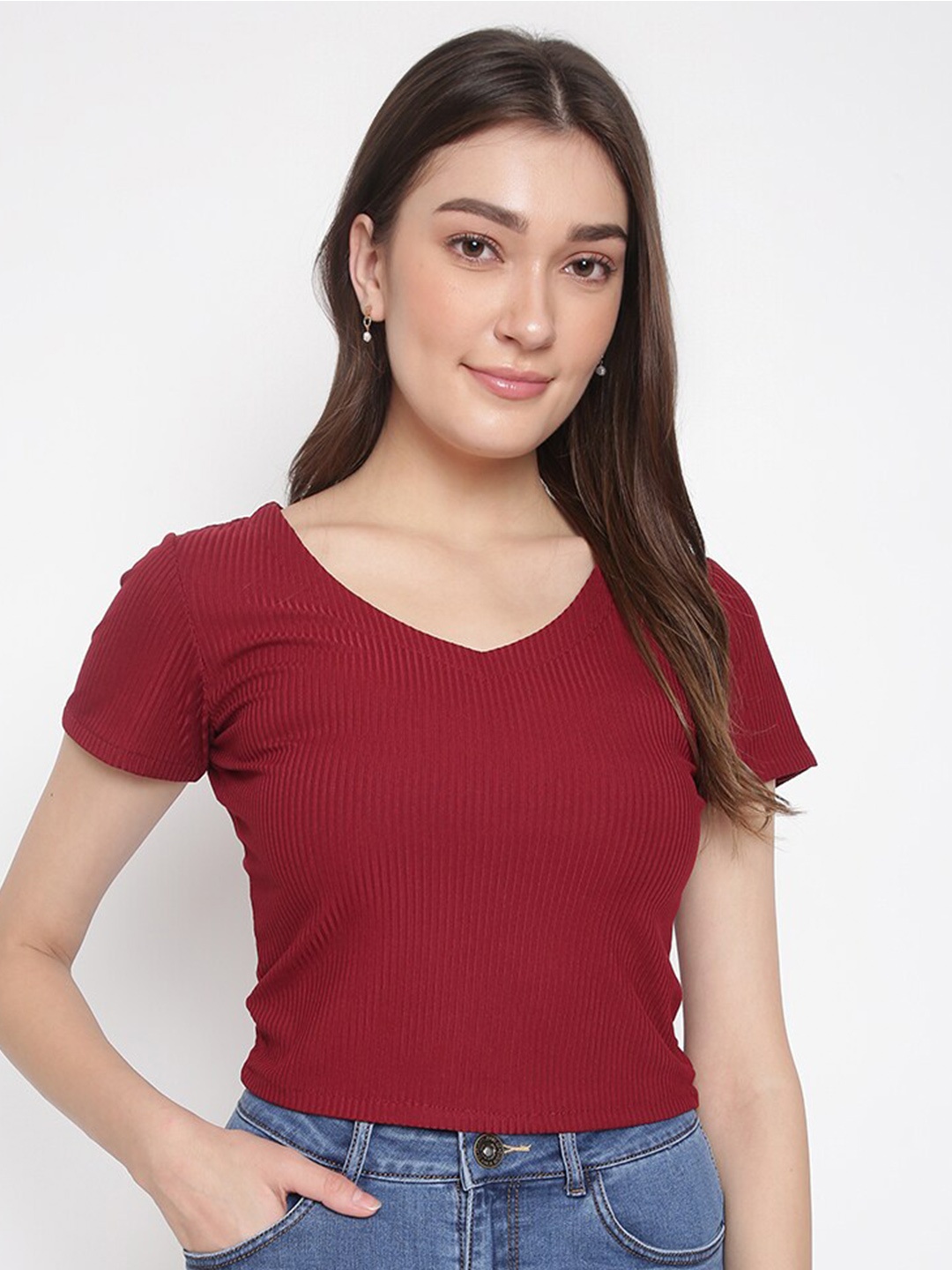 

DUDITI Women V-Neck Slim Fit Cotton T-shirt, Maroon
