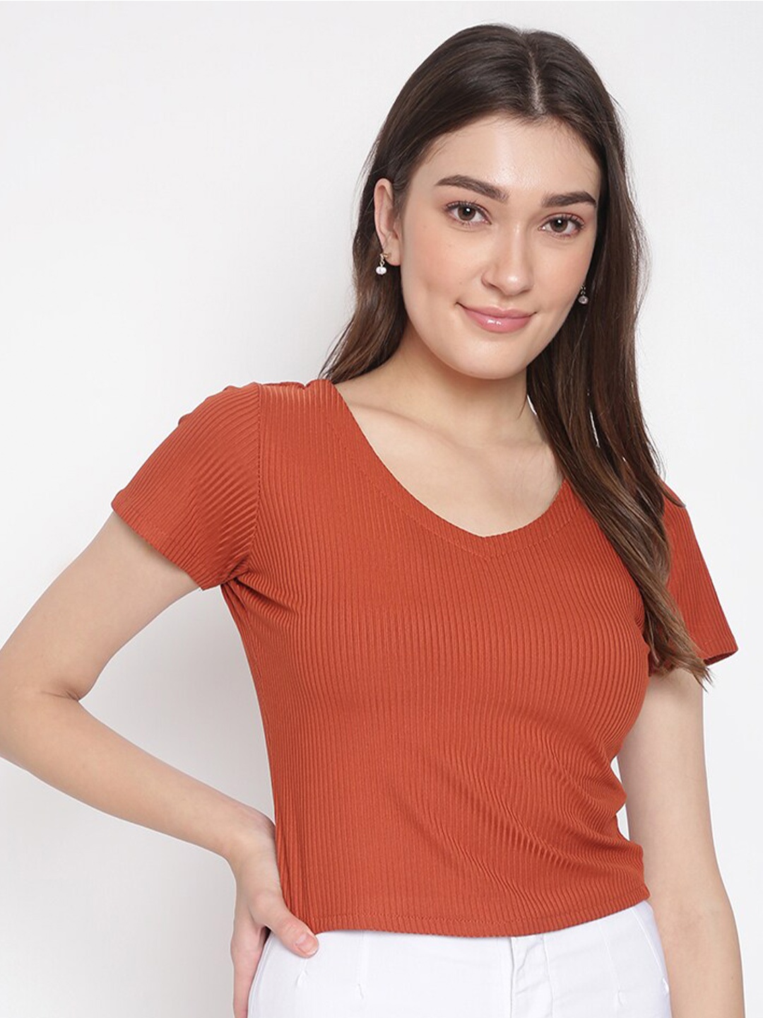 

DUDITI Women Slim Fit Cotton T-shirt, Orange