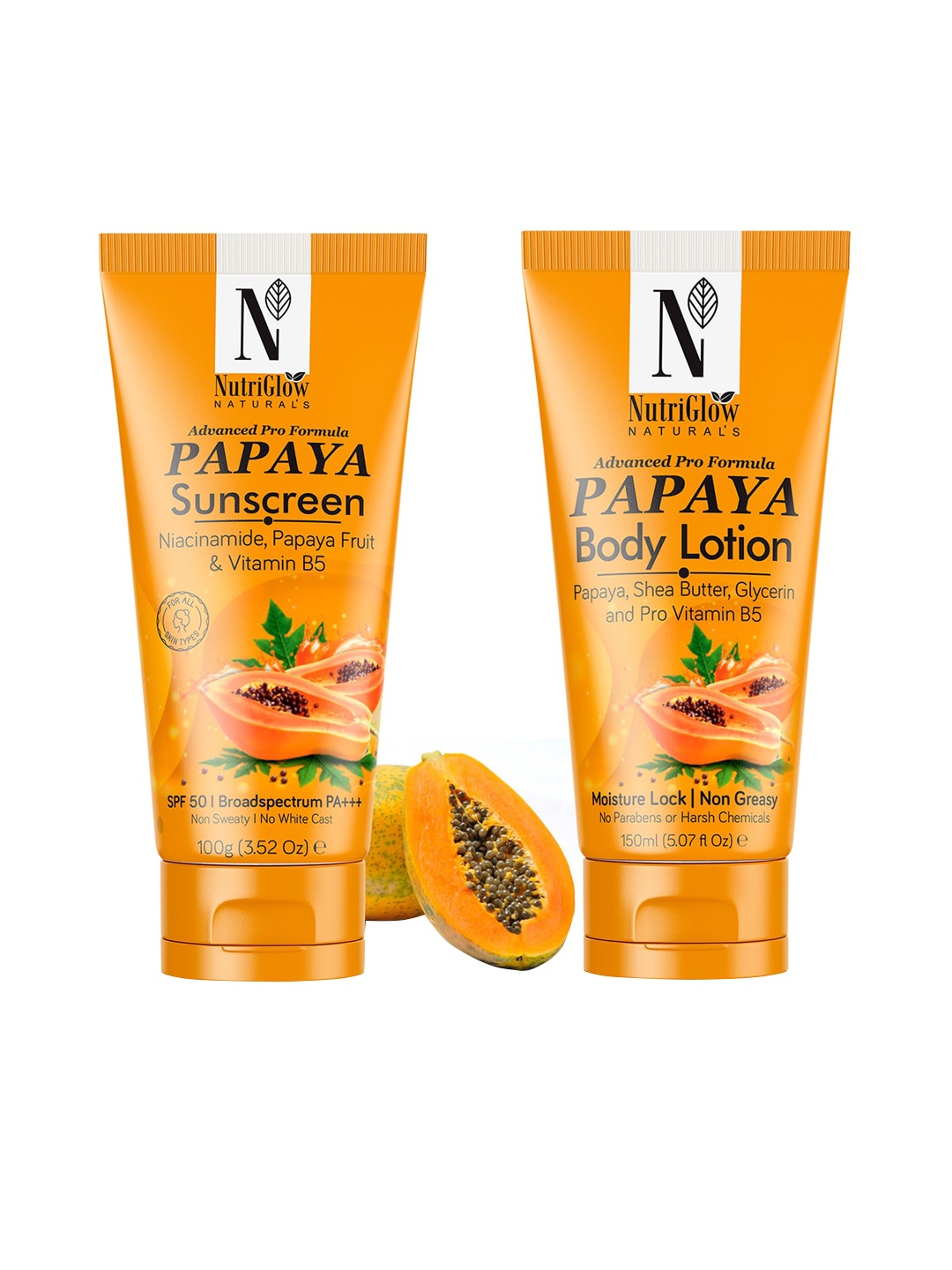 

NutriGlow Naturals Set of Papaya SPF 50 Sunscreen (100gm) & Papaya Body Lotion (150ml), Orange