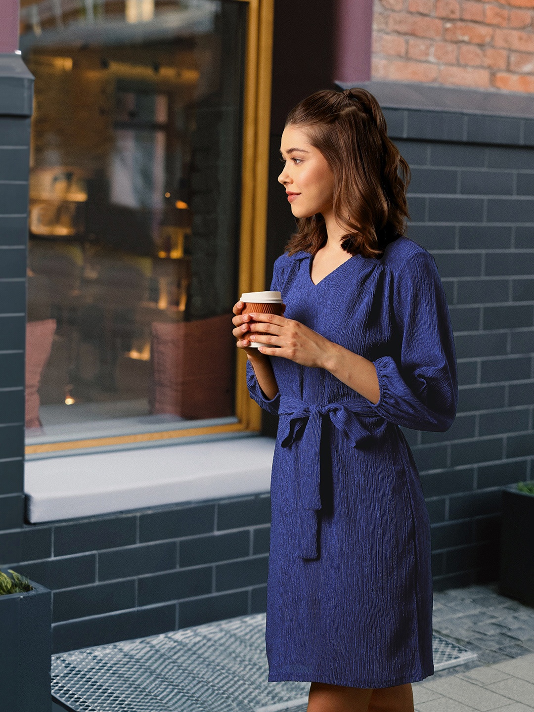 

AND Shirt Collar Wrap Dress, Blue