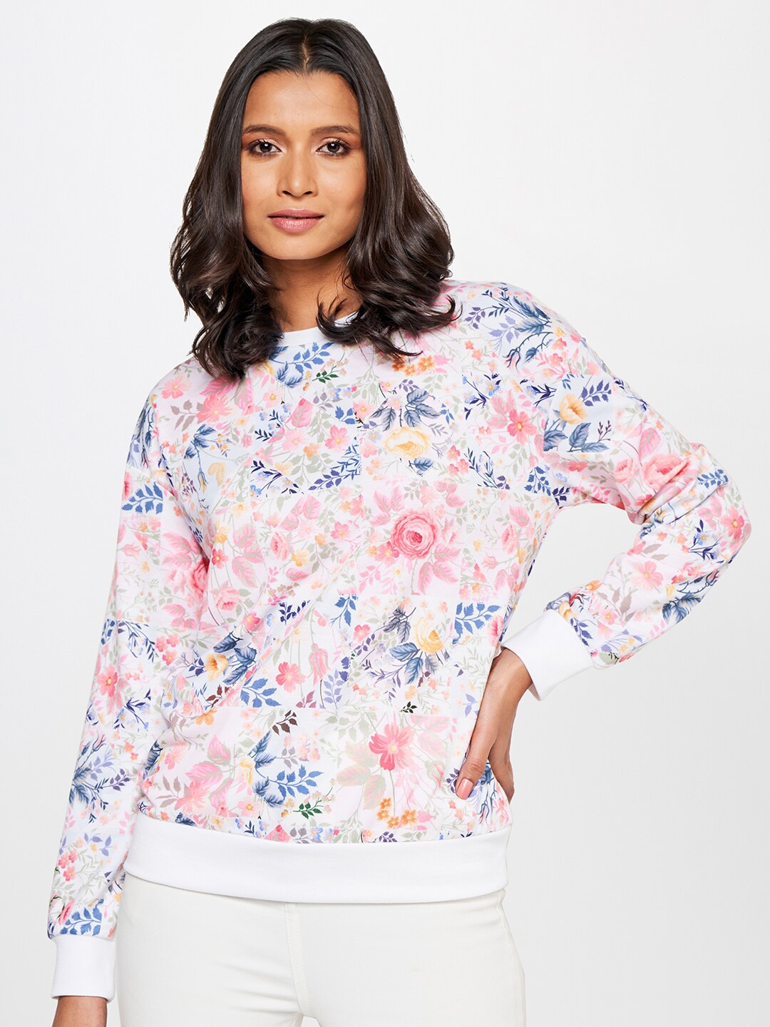 

AND Women Floral Printed Hooded Sweatshirt, Off white