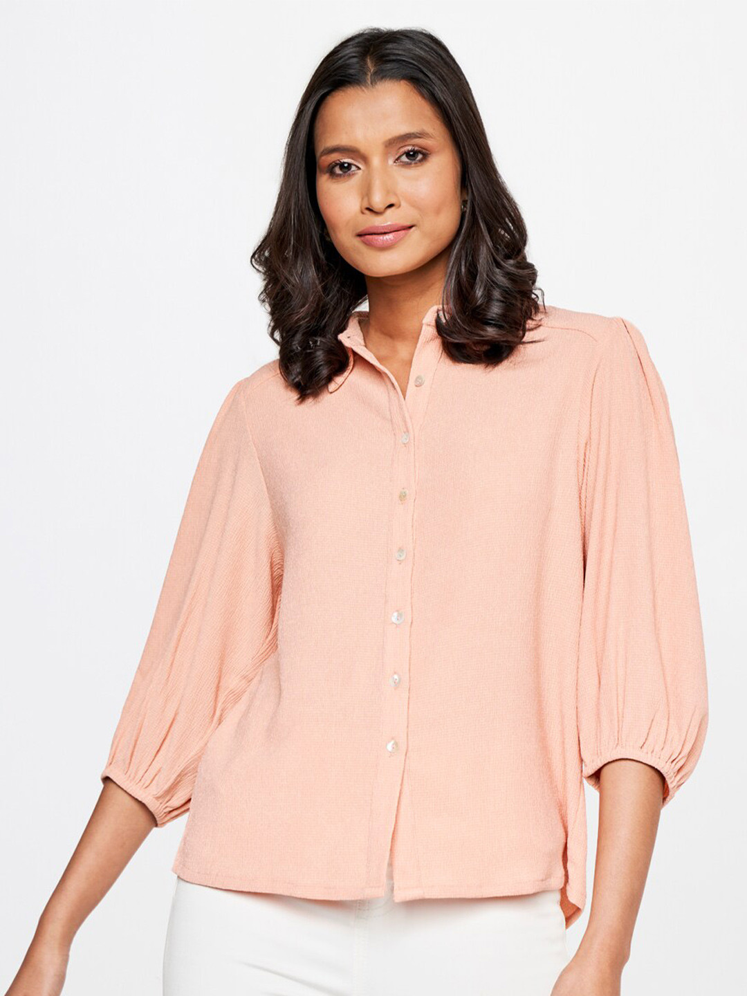 

AND Puff Sleeves Shirt Style Top, Peach