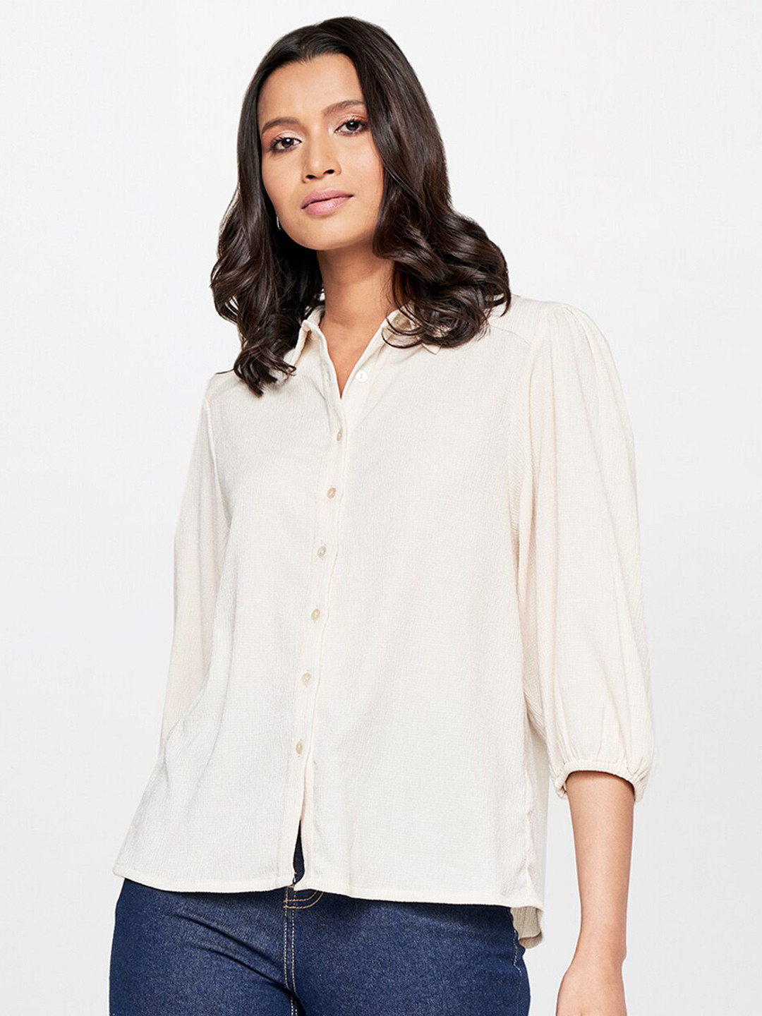 

AND Shirt Style Puff Sleeves Top, Off white