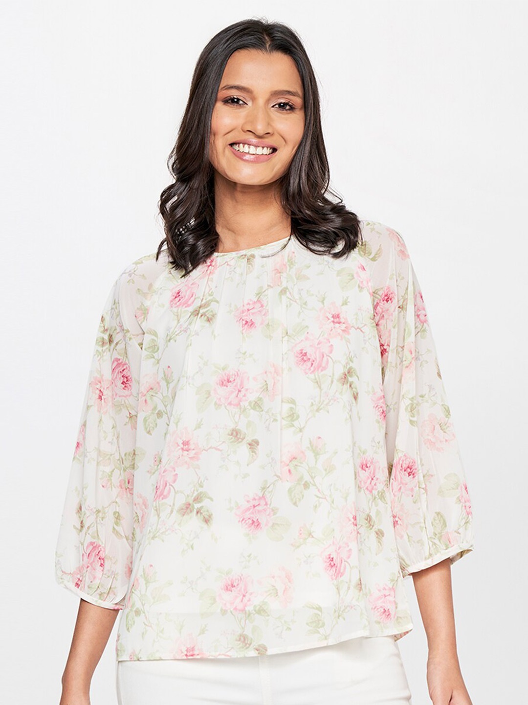 

AND Floral Print Puff Sleeves Top, White