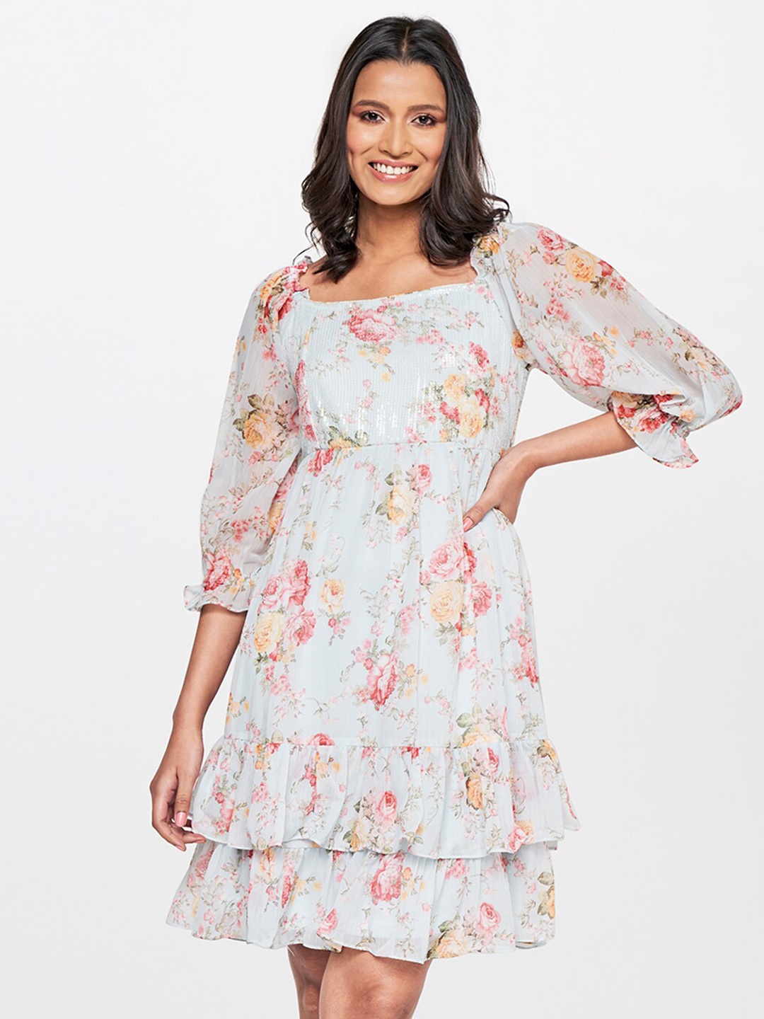 

AND Floral Print Fit & Flare Dress, Green
