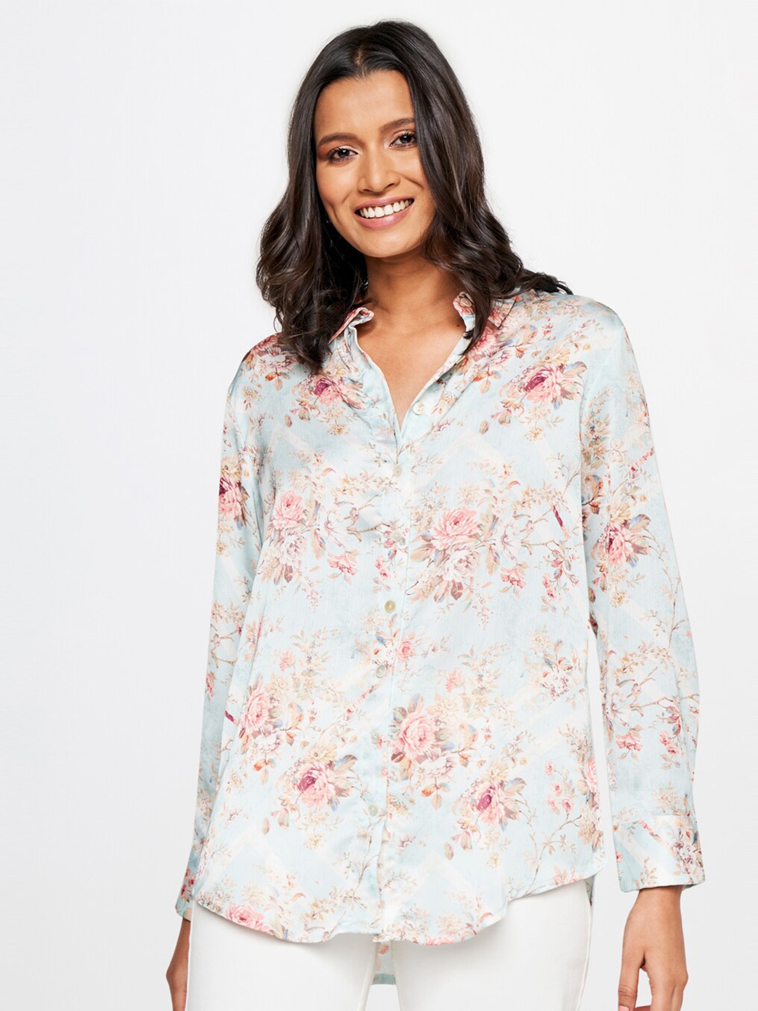 

AND Floral Print Shirt Style Top, Turquoise blue